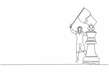 Satranç taşı metaforu üzerine bayrak sallayan Arap işadamı. Başarılı ve iş hayatında üstünlük. Bir çizgi çizimi grafik tasarım vektör çizimi