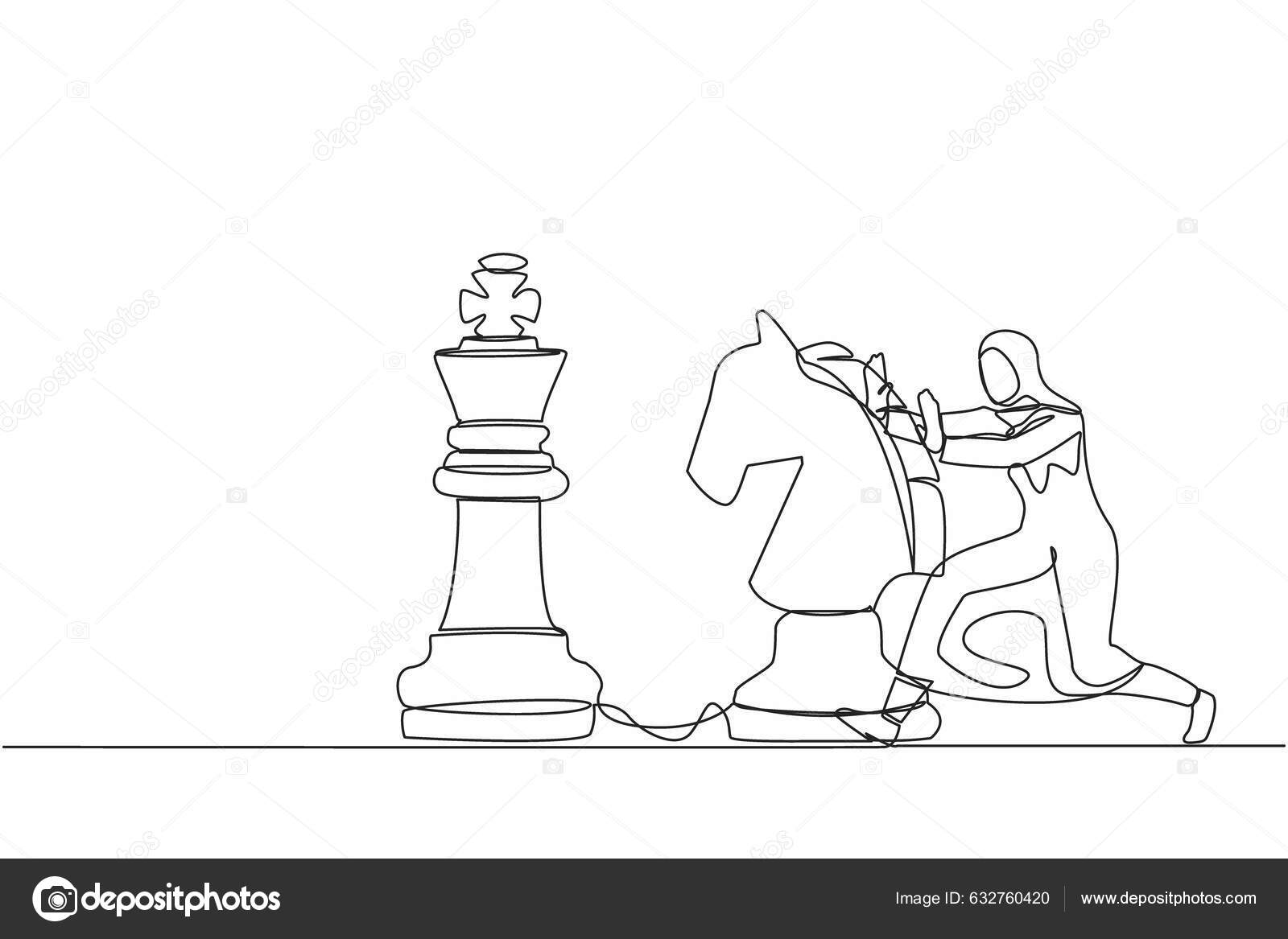 empresária de desenho de linha contínua única segurando a peça de xadrez de  cavaleiro para vencer o xadrez do rei. planejamento estratégico, estratégia  de desenvolvimento de negócios, táticas de empreendedorismo. vetor de