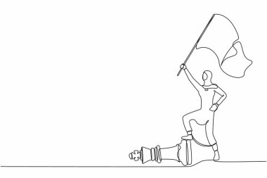 Sürekli bir satır Arap iş kadını bayrağı sallıyor ve diğer şirket parçalarının üstesinden geliyor. Satranç maçını kazanmak için rakiplerini mağlup etmek. Tek çizgi çizimi tasarım vektör çizimi