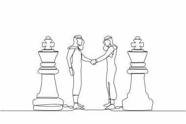 Satranç taşlarının arasında dikilen iki Arap işadamının el sıkışması. Anlaşma ya da ortaklık kararı. Tek çizgi tasarım vektör grafik çizimi