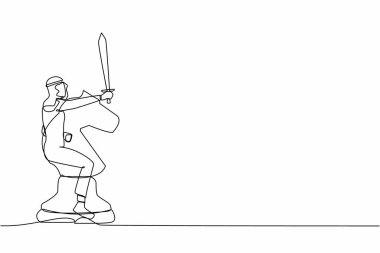 Sürekli bir çizgi halinde, Arap işadamı büyük bir at satranç taşına kılıçla biniyor. İş stratejisi, kazanma yarışması, başarı hedefi kavramı. Tek çizgi çizimi tasarım vektör çizimi