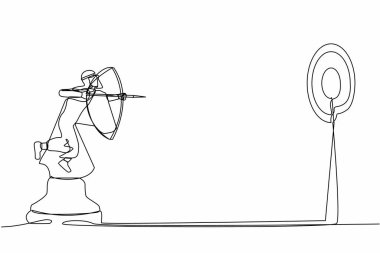 Tek sıra halinde, okçuluğu elinde tutan ve satranç taşını sürerken hedefi hedefleyen Arap işadamını çekiyor. Stratejik rekabet. Başarı işçisi. Bir çizgi tasarımı vektör illüstrasyonu