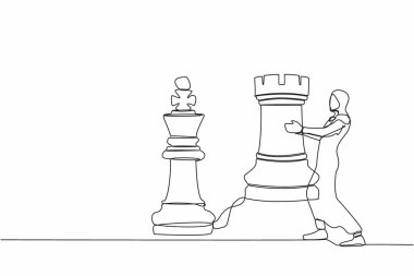 Bir satranç taşı tutan Arap bir iş kadını çiziyor. Stratejik planlama, iş geliştirme stratejisi, girişimcilik taktikleri. Devamlı çizgi çizimi tasarım vektörü illüstrasyonu