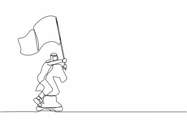 Bir satırda Arap işadamının büyük bir satranç taşına binmesi ve bayrak tutması, strateji, hedefler, rekabetçi ve stratejik hamleler. Devamlı çizgi tasarımı vektör çizimi