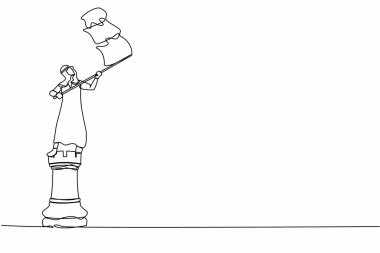 Tek sıra halinde, büyük kale taşının üzerinde duran Arap işadamı bayrak sallıyor. Başarılı bir liderlik. Strateji kazanma yarışması. Bir çizgi çizimi tasarım vektörü illüstrasyonu