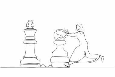 Çekici Arap iş kadınlarını çeken tek sıra, kralı yenmek için büyük bir piyon taşı itiyor. Stratejik düşünce, iş oyununda akıllıca bir hamle. Bir çizgi çizimi tasarım vektörü illüstrasyonu