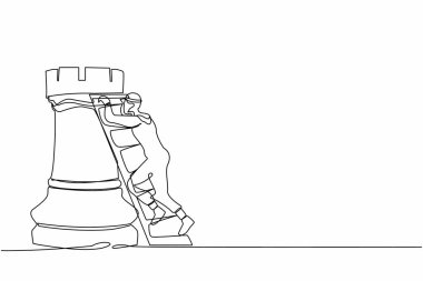 Tek sıra halinde Arap işadamı merdivenle dev bir kale taşına tırmanıyor. Şirket stratejisi, güçlü hamleleri avantaj olarak kullanarak başarılı oldu. Aralıksız çizgi çizimi tasarım grafik vektör çizimi