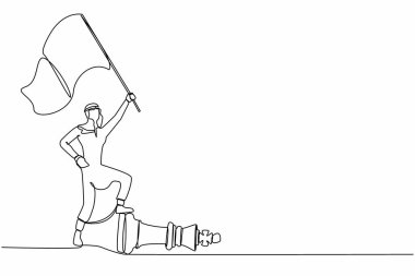 Genç Arap işadamının bayrak sallaması ve diğer şirket parçalarının üstesinden gelmesi. Satranç maçını kazanmak için rakiplerini mağlup etmek. Tek çizgi çizimi tasarım vektör çizimi