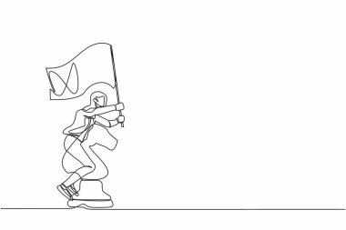 Devamlı tek sıra halinde satranç taşına binen ve bayrak tutan aktif bir iş kadını. İş rekabetinde stratejik hamle. Oyun kazanma oyunu. Tek çizgi çizimi tasarım vektör çizimi