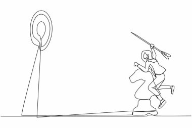 Dart oku tutan ve at satrancı sürerken hedef alan rekabetçi iş kadınlarının tek sıra çizimi. Başarılı işçi başarısı. Bir çizgi grafik tasarım vektör çizimi