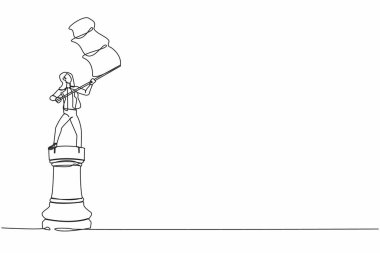 Tek sıra halinde büyük bir kale taşının üzerinde duran ve bayrak sallayan bir iş kadını. Başarılı bir liderlik. Kutlama kazanma yarışması. Devamlı çizgi çizimi tasarım vektörü illüstrasyonu