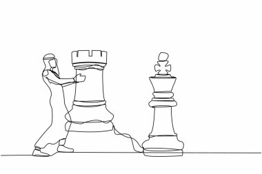 Tek sıra halinde, satranç taşı tutan Arap iş adamı çiziyor. Stratejik planlama, iş geliştirme stratejisi, girişimcilik taktikleri. Bir çizgi çizimi tasarım vektörü illüstrasyonu