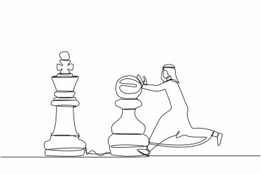 Sürekli bir çizgi halinde, aklı olan Arap işadamı kralı yenmek için büyük bir piyon taşını itiyor. Stratejik düşünme ve iş oyununda akıllıca bir hamle. Tek çizgi tasarım vektör grafik çizimi