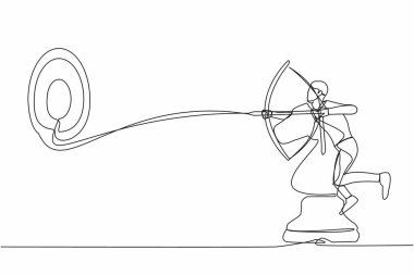 Tek sıra halinde, okçuluğu elinde tutan ve satranç taşını sürerken hedefi hedefleyen titiz bir işadamı. Stratejik rekabet. Başarılı bir iş adamı. Devamlı çizgi tasarımı vektör çizimi