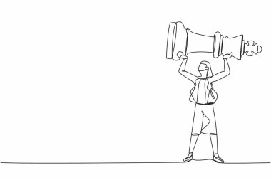 Kral satranç taşını tutan ya da kaldıran genç bir iş kadını çiziyor. Başarılı girişimcilik taktiği, strateji, iş hayatında üstünlük. Devamlı çizgi çizimi tasarım vektörü illüstrasyonu