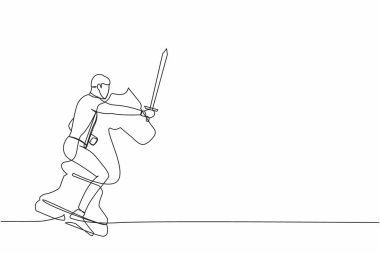 Cesur iş adamının büyük bir satranç taşına kılıçla bindiği tek satır. İş stratejisi, kazanma yarışması, başarı hedefi kavramı. Devamlı çizgi çizimi tasarım vektörü illüstrasyonu