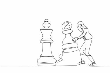 Satrancı yenmek için satranç taşını kaldıran bir iş kadını çiziyor. Stratejik planlama, iş geliştirme stratejisi, oyun taktikleri. Tek çizgi çizimi tasarım vektör çizimi
