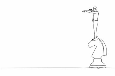 Teleskop kullanarak iş adamının at satrancının tepesine çizdiği tek satır başarı, fırsatlar ve gelecekteki eğilimleri arıyor. İş stratejisi. Devamlı çizgi çizimi tasarım vektörü illüstrasyonu
