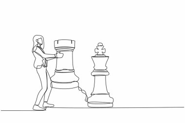 Tek sıra halinde satranç taşı tutan bir iş kadını. Stratejik planlama, iş geliştirme stratejisi, girişimcilik taktikleri. Bir çizgi çizimi grafik tasarım vektör çizimi