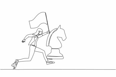 Tek sıra halinde güzel bir iş kadını büyük at satranç taşının yanında koşup bayrak tutuyor. İş başarısını kutlayın, yarışmayı kazanın. Bir çizgi tasarımı vektör illüstrasyonu