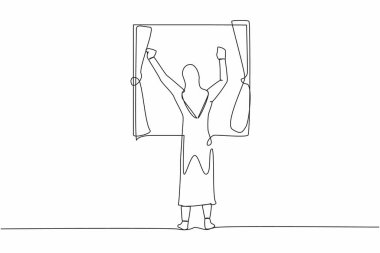 Tek sıra, iyi bir uykudan sonra pencereden kollarını uzatan genç Arap kadını geri çekiyor. Rahat bir bayan temiz hava almak için pencerede duruyor. Devamlı çizgi çizimi tasarım vektörü illüstrasyonu