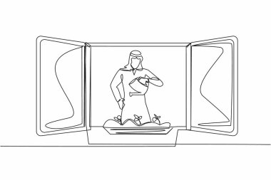 Sürekli bir sıra halinde, Arap bir adam balkonda çiçekleri suluyor. Bahçıvanlığın en sevdiği hobiyi yapan genç adam. Ev yeşili bahçe, ev bitkileri. Tek çizgi tasarım vektör grafik çizimi