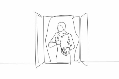 Pencerenin yakınına çizen tek çizgi Arap kadın ressam. Boya fırçası ve palet tutan kadın tuval üzerinde çizim yapıyor. Sanatçı evde resim yapıyor. Devamlı çizgi çizimi tasarım vektörü illüstrasyonu