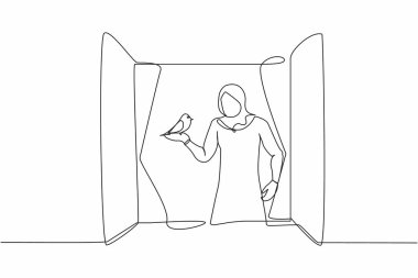 Tek sıra halinde, kolları kuşla pencere kenarında duran genç Arap kadını çiziyor. Balkonda evcil hayvanıyla mutlu bir kadın. Temiz hava almak için pencereyi açın. Devamlı çizgi çizimi tasarım vektörü illüstrasyonu