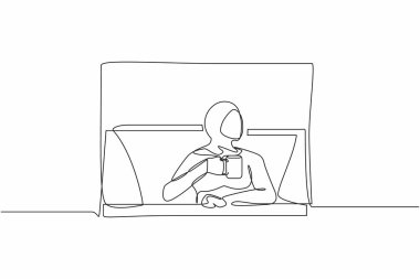 Genç bir Arap kadının çay ya da sıcak kahvenin tadını çıkardığı kesintisiz bir çizgi. Elinde kupa olan bir kadın pencerenin kenarında otururken pencereden dışarı bakıyor. Tek çizgi tasarım vektör grafik çizimi