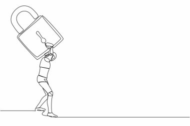 Sırtında ağır asma kilit taşıyan yorgun bir robot çiziyor. Teknoloji endüstrisi Covid-19 salgınında iflas etti. Robot gelişimi. Devamlı çizgi tasarımı vektör çizimi