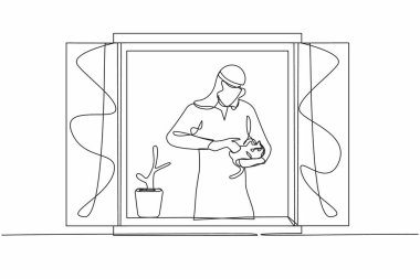 Devamlı bir çizgi, elinde bitki taşıyan kedisiyle pencereden bakan Arap bir adam çiziyor. Salgın sırasında evde kal. Coronavirus karantina izolasyon uyarısı. Tek çizgi çizimi tasarım vektör çizimi