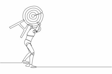 Sırtında ağır hedef taşıyan yorgun bir robot çiziyor. Başarmak için yorgun, iş yarışmasını kazanmak için. Geleceğin teknoloji gelişimi. Aralıksız çizgi grafik tasarım vektörü çizimi