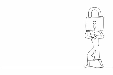 Sırtında ağır asma kilit taşıyan Arap bir iş kadını çiziyor. Covid-19 salgın kilit krizinde işler ya kapanır ya da iflas eder. Devamlı çizgi çizimi tasarım vektörü illüstrasyonu