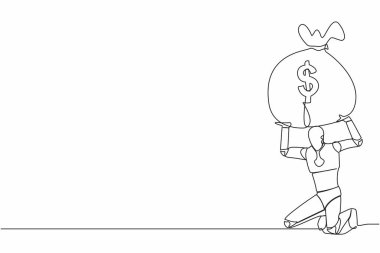 Sırtında ağır para çantası taşıyan yorgun bir robot çiziyor. Ekonomik kriz parası düştü. Salgın yüzünden ekonomik kriz. Geleceğin teknolojisi. Tek çizgi tasarım vektör çizimi