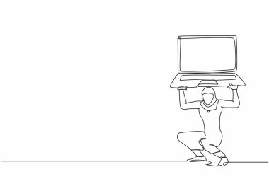 Sırtında ağır dizüstü bilgisayar taşıyan Arap bir iş kadını çiziyor. Yorgun ya da yorgun çalışan yorgunluğu. Sıkıcı ofis çalışanı. Tek çizgi tasarım vektör çizimi