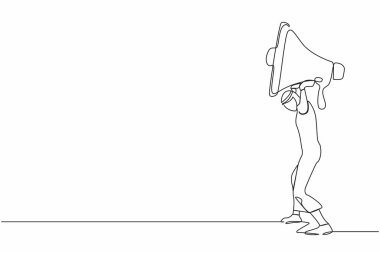 Sırtında ağır megafon taşıyan Arap bir işadamını çizmeye devam ediyor. İletişim sorunları var. Zorbalık, iş yerinde taciz, aileler. Tek çizgi tasarım vektör grafik çizimi