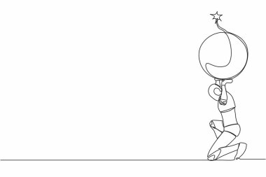 Sırtında ağır bomba taşıyan yorgun robotu çeken tek sıra. Borç patlaması yaşayan robot. Finansal kriz sorunu. Geleceğin teknoloji gelişimi. Bir çizgi çizimi tasarım vektörü illüstrasyonu