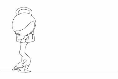 Sırtında ağır bir kettlebell taşıyan Arap iş kadını çiziyor. Finansal kriz ya da kredi ödemesi. İflas, borç sorunu. Tek çizgi çizimi tasarım vektör çizimi