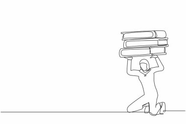 Sırtında ağır dosya yığınları taşıyan Arap bir iş kadını çiziyor. Evrak işleriyle uğraşan stresli bir çalışan. Çok çalışan bir işçi. Bir çizgi tasarımı vektör illüstrasyonu