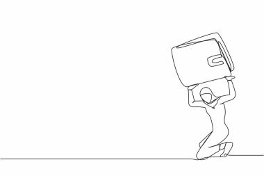 Sırtında ağır bir cüzdan taşıyan Arap bir iş kadını çizmiş. Yorgun ofis çalışanı para kaybediyor. Finansal ve ekonomik kriz. Aralıksız çizgi çizimi tasarım grafik vektör çizimi