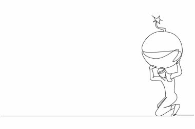 Sırtında bomba taşıyan Arap işadamlarının çizdiği tek sıra. Borç patlaması nedeniyle stresli girişimci. Dünya ekonomik kriz sorunu. Bir çizgi çizimi grafik tasarım vektör çizimi