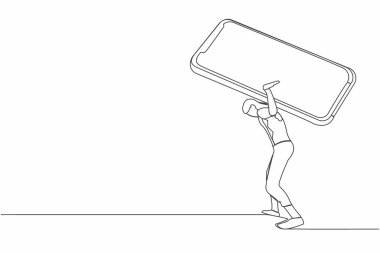 Sırtında akıllı telefon taşıyan hayal kırıklığına uğramış bir iş kadını çizimi. Ofiste aşırı çalışma nedeniyle depresyon, yorgunluk, zihinsel stres. Bir çizgi grafik tasarım vektör çizimi