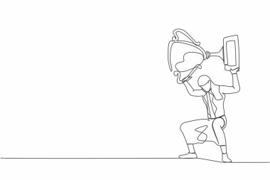 Sırtında kupa taşıyan tek sıra hayal kırıklığına uğramış iş kadını. Kadın işçiler hedeflerine ulaşamadılar. Ofisteki gecikmiş kariyer yolu. Bir çizgi çizimi grafik tasarım vektör çizimi