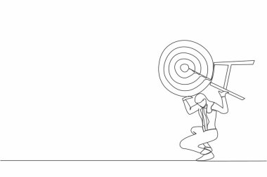 Sırtında dart hedefi taşıyan hayal kırıklığına uğramış bir iş kadını. Sıkı çalışma iş görevini başarır. Amaçlara ulaşmak için yorucu bir çalışma. Devamlı çizgi çizimi tasarım vektörü illüstrasyonu