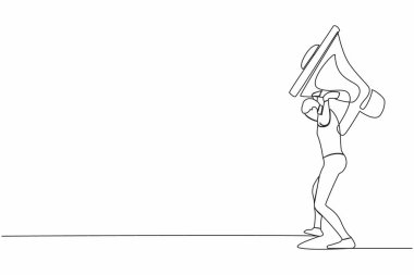 Sırtında ağır megafon taşıyan bitkin işadamlarının çizdiği bir çizgi. İletişim sorunları var. Zorbalık, iş yerinde taciz, aileler. Tek çizgi çizimi tasarım vektör çizimi