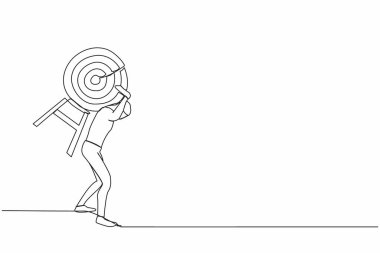 Sırtında ağır bir hedef taşıyan bitkin işadamını çeken tek sıra. Sıkı çalışma iş görevini başarır. Daha yüksek bir hedef için depresif. Bir çizgi grafik tasarım vektör çizimi