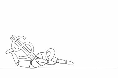 Bir çizgi, ağır dolar yükü altında gerilmiş bir robot çiziyor. Ekonomik krizde çok çalışan robot, borç baskısı. Robot yapay zeka. Devamlı çizgi tasarımı vektör çizimi