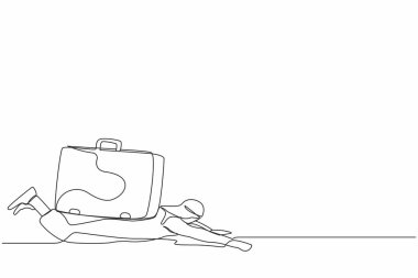 Sürekli olarak ağır evrak çantasıyla Arap işadamını çiziyor. İşten kaygı ve aşırı yüklenme. Çok fazla sorumluluğun baskısı. Tek çizgi çizimi tasarım vektörü grafik çizimi