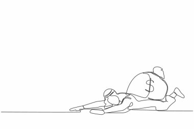 Arabistanlı işadamını ağır para çantası yükü altına çeken tek satır. Ekonomik kriz parası düştü. Salgın yüzünden ekonomik kriz. Modern sürekli çizgi çizimi tasarım grafik vektör çizimi