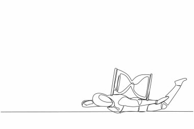 Tek sıra halinde ağır kum saati yükü altında stresli bir robot çiziyor. Son teslim tarihi olan bir robot. Modern robot yapay zekası. Devamlı çizgi tasarımı grafik vektör illüstrasyonu